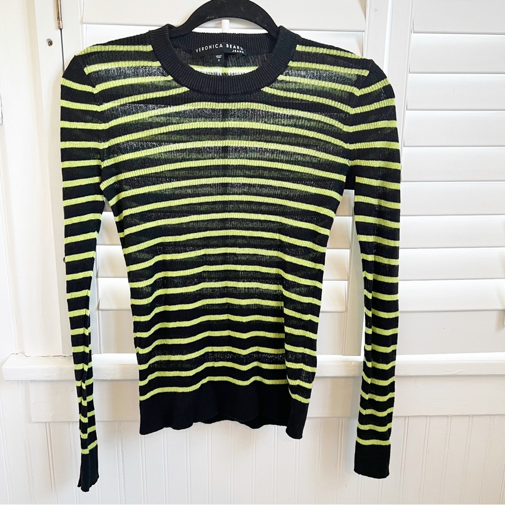 Veronica Beard Black & Lime Green Stripe Linen Blend Dean Sweater Size Small